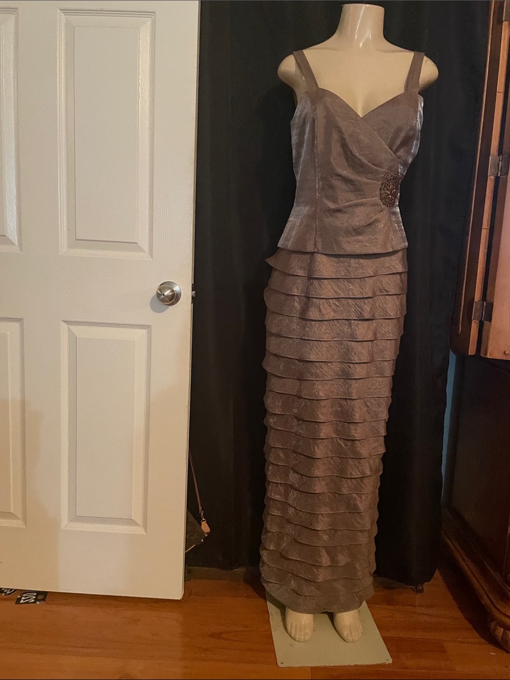 Jessica Howard Taupe Layered Maxi Dress with Beaded Waist
